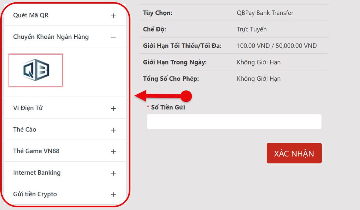 Gửi tiền VN88 2 Bước 2: Chọn phương thức gửi tiền