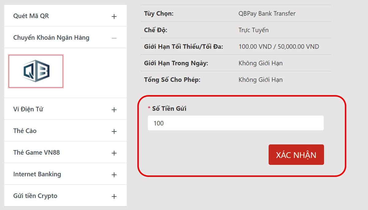 Gửi tiền VN88 3 Bước 3: Lựa chọn số tiền muốn nạp